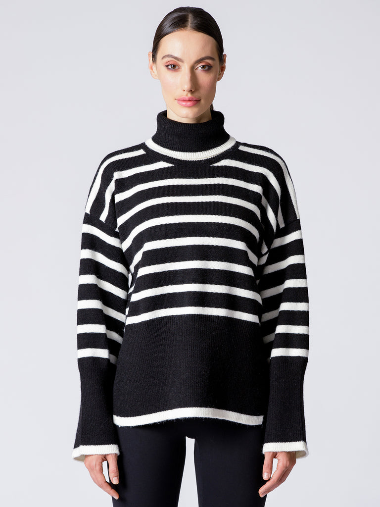 RELAXED STRIPED TURTLENECK SWEATER, BLACK/WHITE