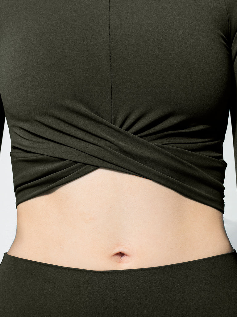 NUDE FRONT WRAP LONG SLEEVE TEE, DARK GREEN