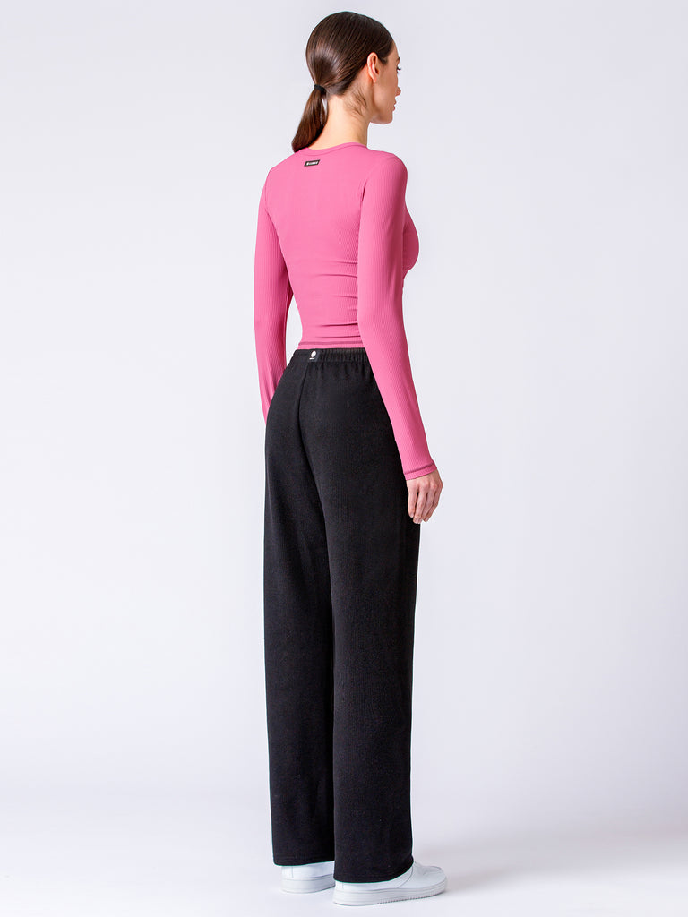 RIBBED HIGH WAIST WINTER FLEECE WIDE LEG SWEATPANTS, BLACK