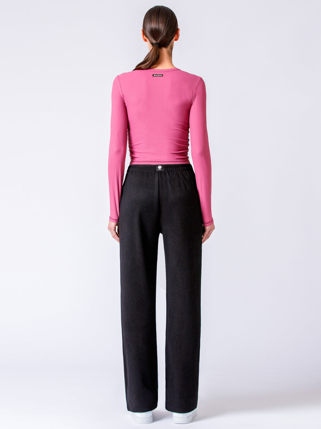 RIBBED HIGH WAIST WINTER FLEECE WIDE LEG SWEATPANTS, BLACK