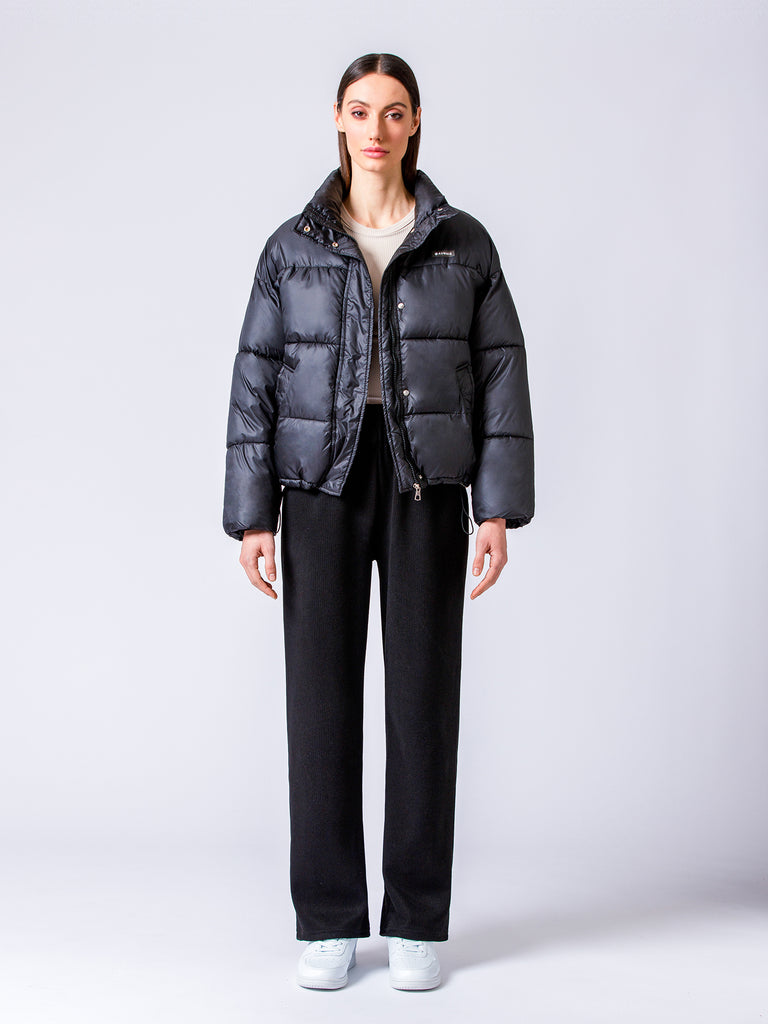 RIBBED HIGH WAIST WINTER FLEECE WIDE LEG SWEATPANTS, BLACK