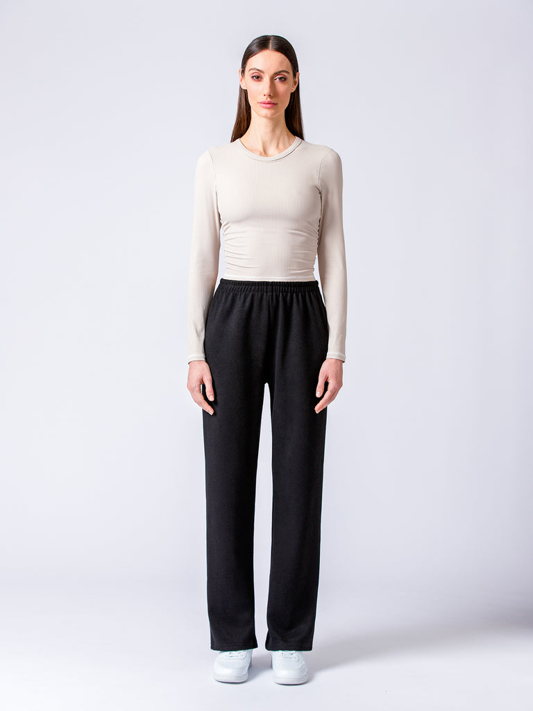 RIBBED HIGH WAIST WINTER FLEECE WIDE LEG SWEATPANTS, BLACK
