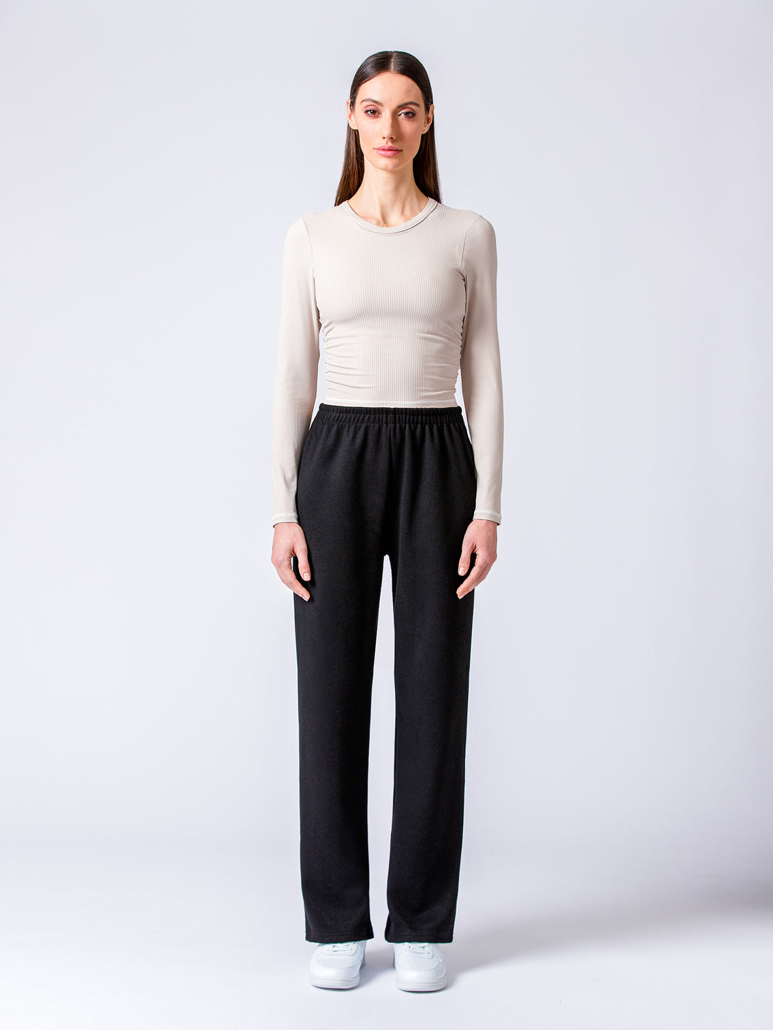 RIBBED HIGH WAIST WINTER FLEECE WIDE LEG SWEATPANTS, BLACK