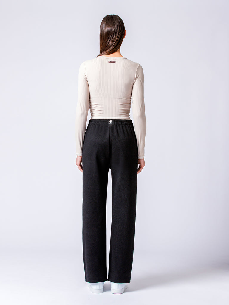 RIBBED HIGH WAIST WINTER FLEECE WIDE LEG SWEATPANTS, BLACK