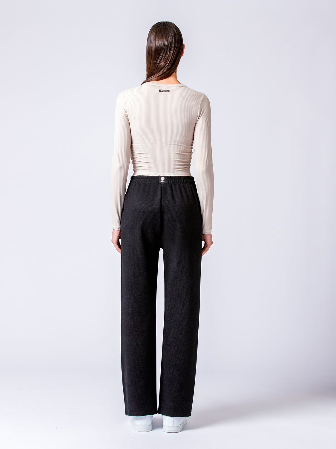 RIBBED HIGH WAIST WINTER FLEECE WIDE LEG SWEATPANTS, BLACK