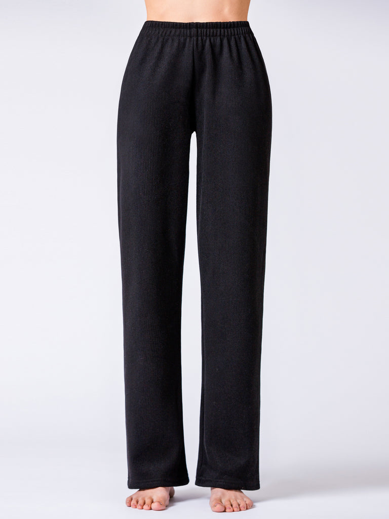 RIBBED HIGH WAIST WINTER FLEECE WIDE LEG SWEATPANTS, BLACK
