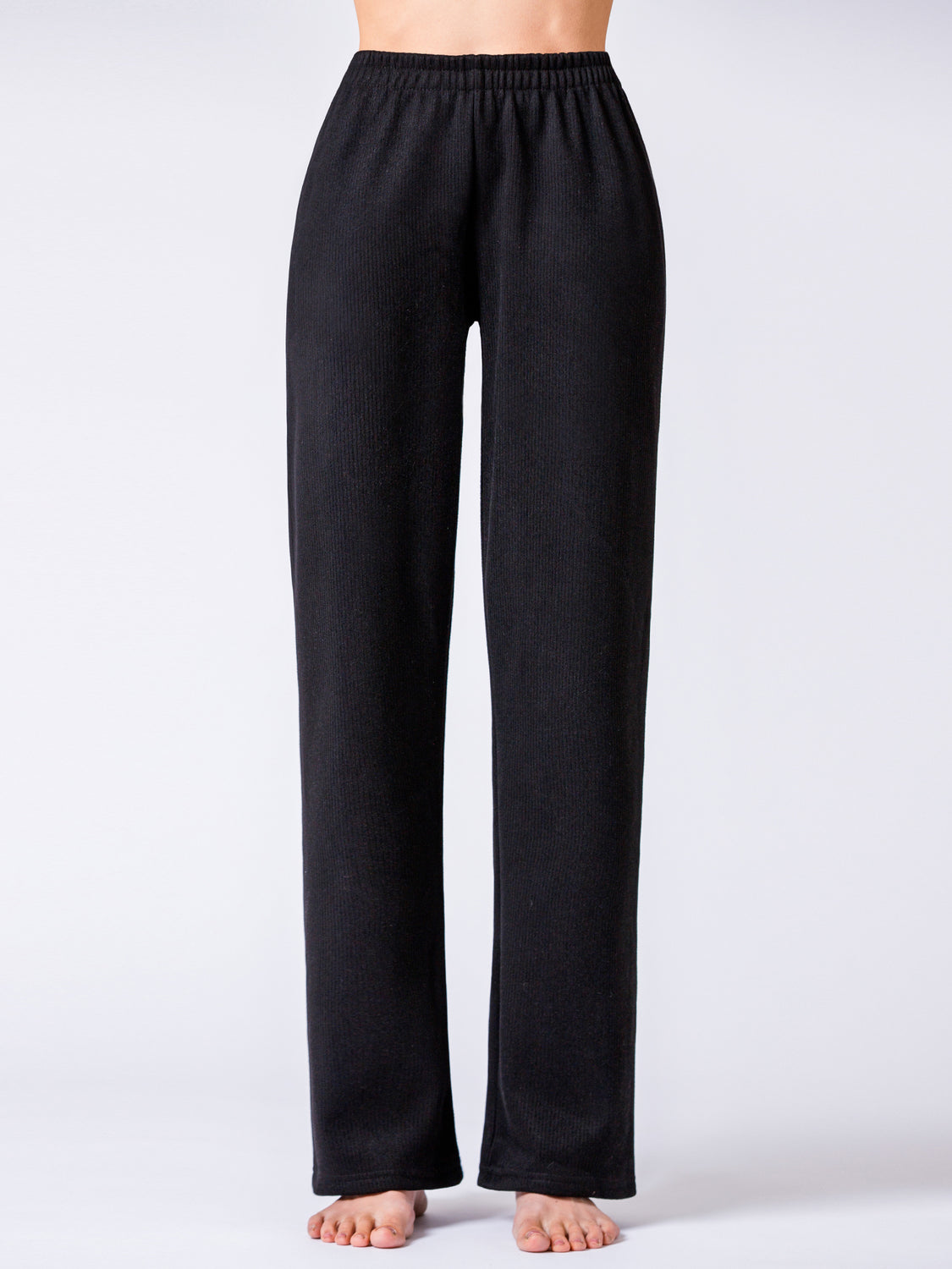 RIBBED HIGH WAIST WINTER FLEECE WIDE LEG SWEATPANTS, BLACK