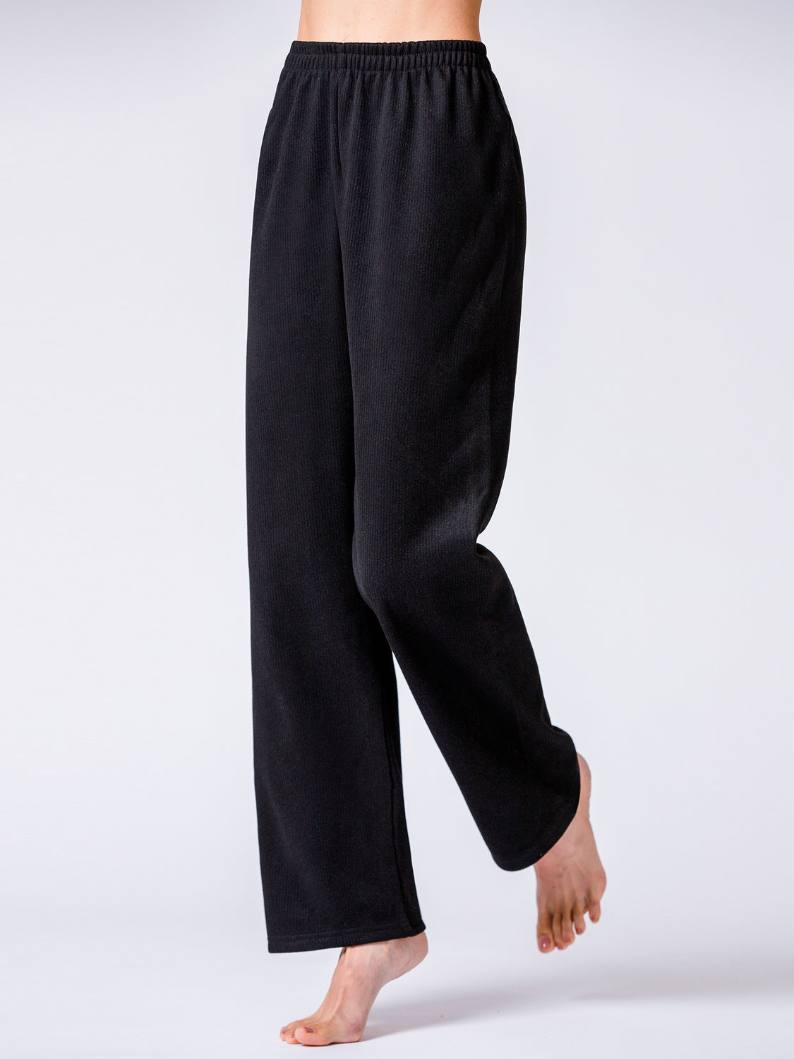 RIBBED HIGH WAIST WINTER FLEECE WIDE LEG SWEATPANTS, BLACK