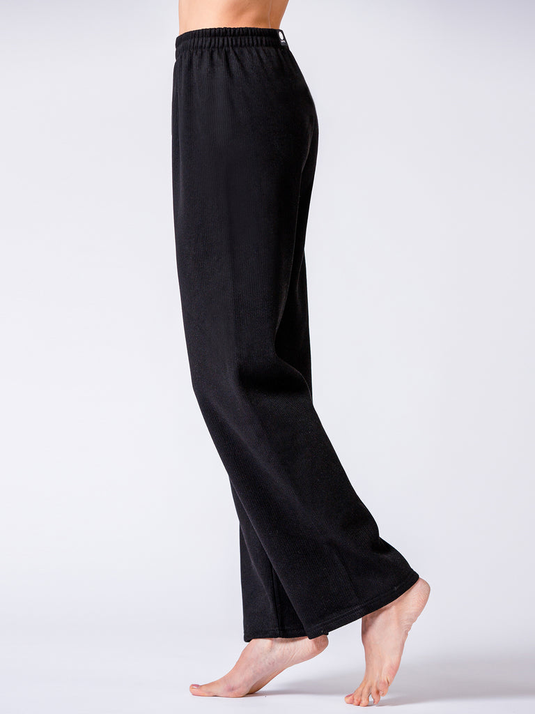 RIBBED HIGH WAIST WINTER FLEECE WIDE LEG SWEATPANTS, BLACK