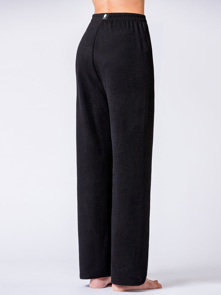 RIBBED HIGH WAIST WINTER FLEECE WIDE LEG SWEATPANTS, BLACK