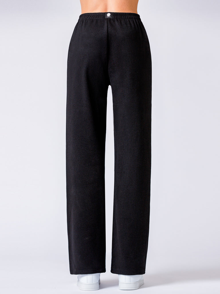 RIBBED HIGH WAIST WINTER FLEECE WIDE LEG SWEATPANTS, BLACK