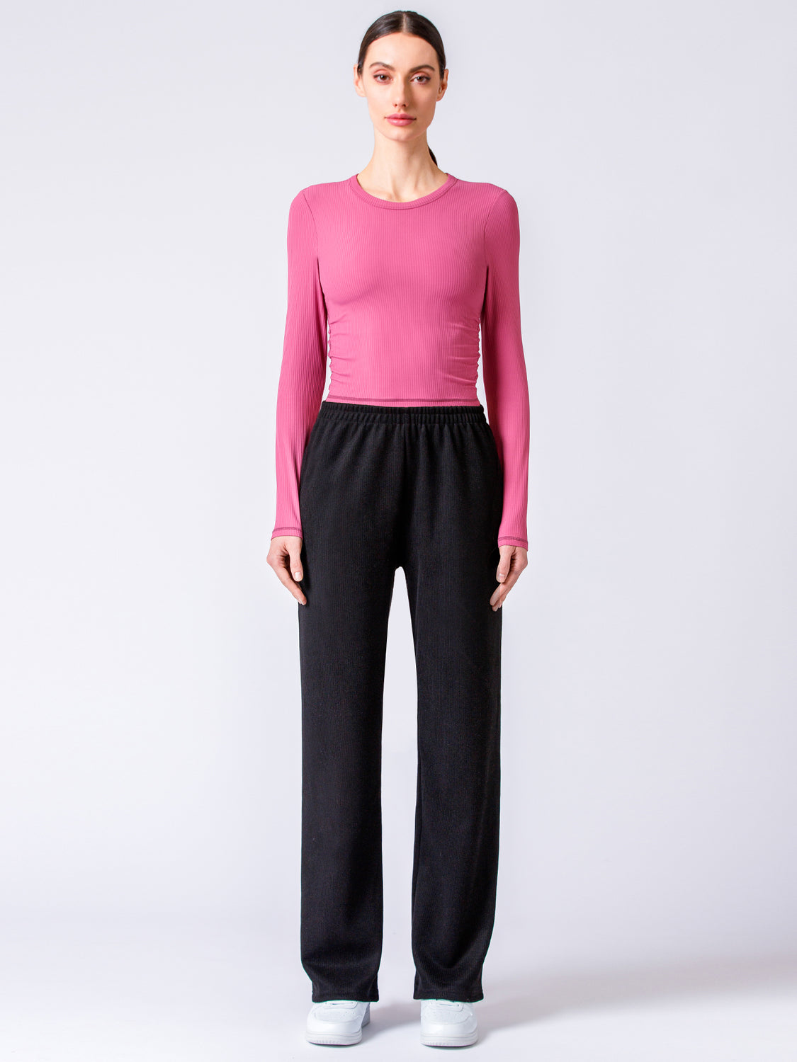 RIBBED HIGH WAIST WINTER FLEECE WIDE LEG SWEATPANTS, BLACK