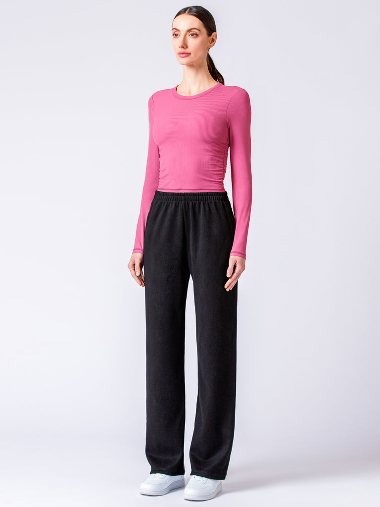 RIBBED HIGH WAIST WINTER FLEECE WIDE LEG SWEATPANTS, BLACK