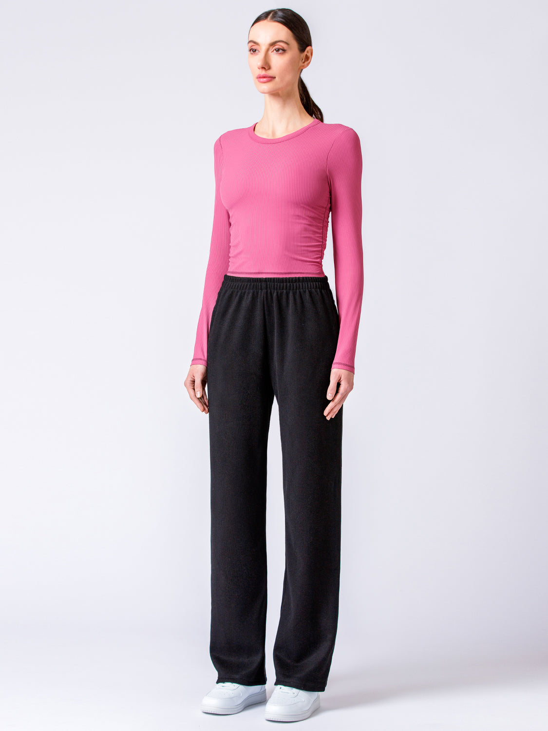 RIBBED HIGH WAIST WINTER FLEECE WIDE LEG SWEATPANTS, BLACK