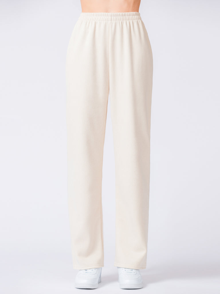 RIBBED HIGH WAIST WINTER FLEECE WIDE LEG SWEATPANTS, OATMEAL