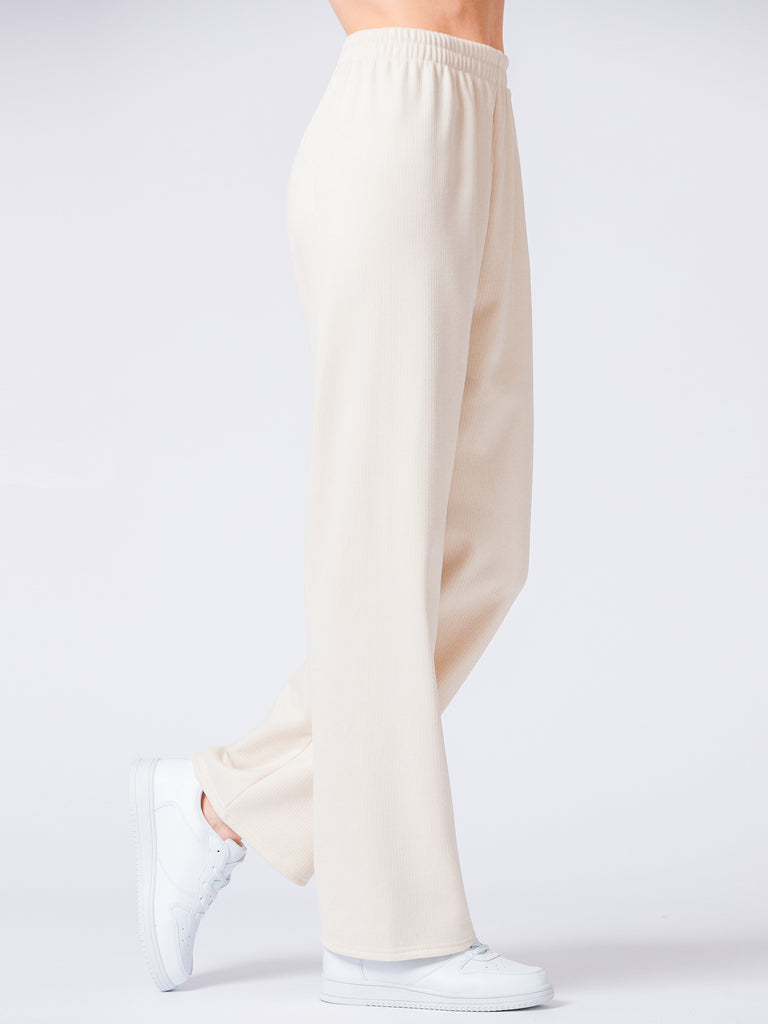 RIBBED HIGH WAIST WINTER FLEECE WIDE LEG SWEATPANTS, OATMEAL
