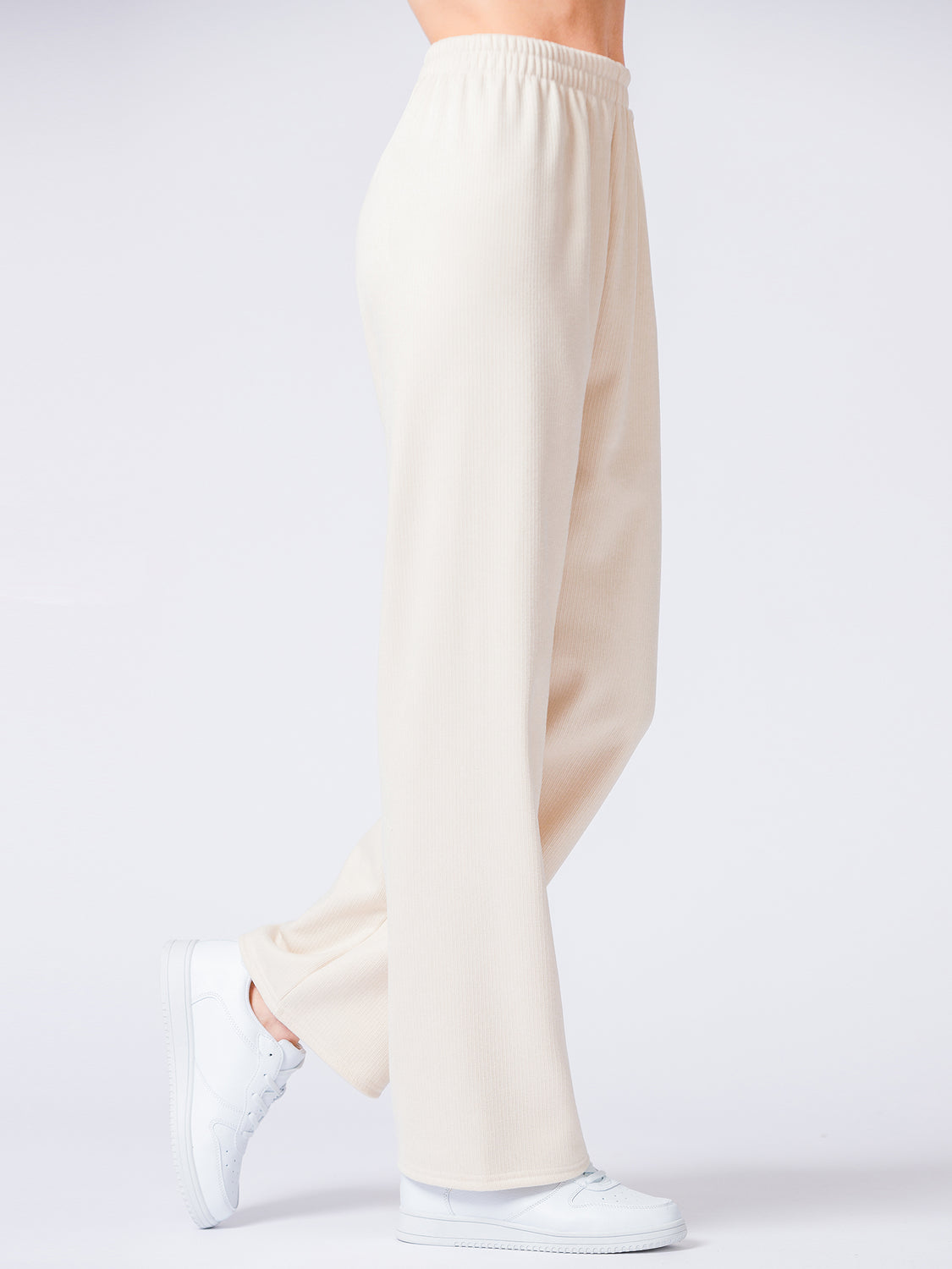 RIBBED HIGH WAIST WINTER FLEECE WIDE LEG SWEATPANTS, OATMEAL
