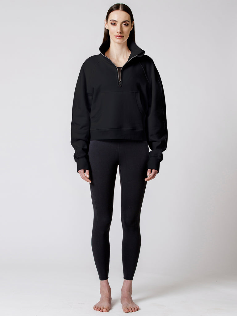 COLLARED HALF ZIP RELAXED SWEATSHIRT, BLACK