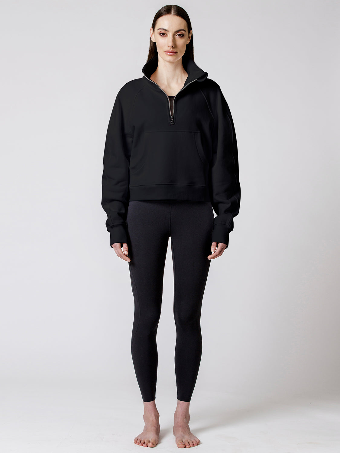 COLLARED HALF ZIP RELAXED SWEATSHIRT, BLACK