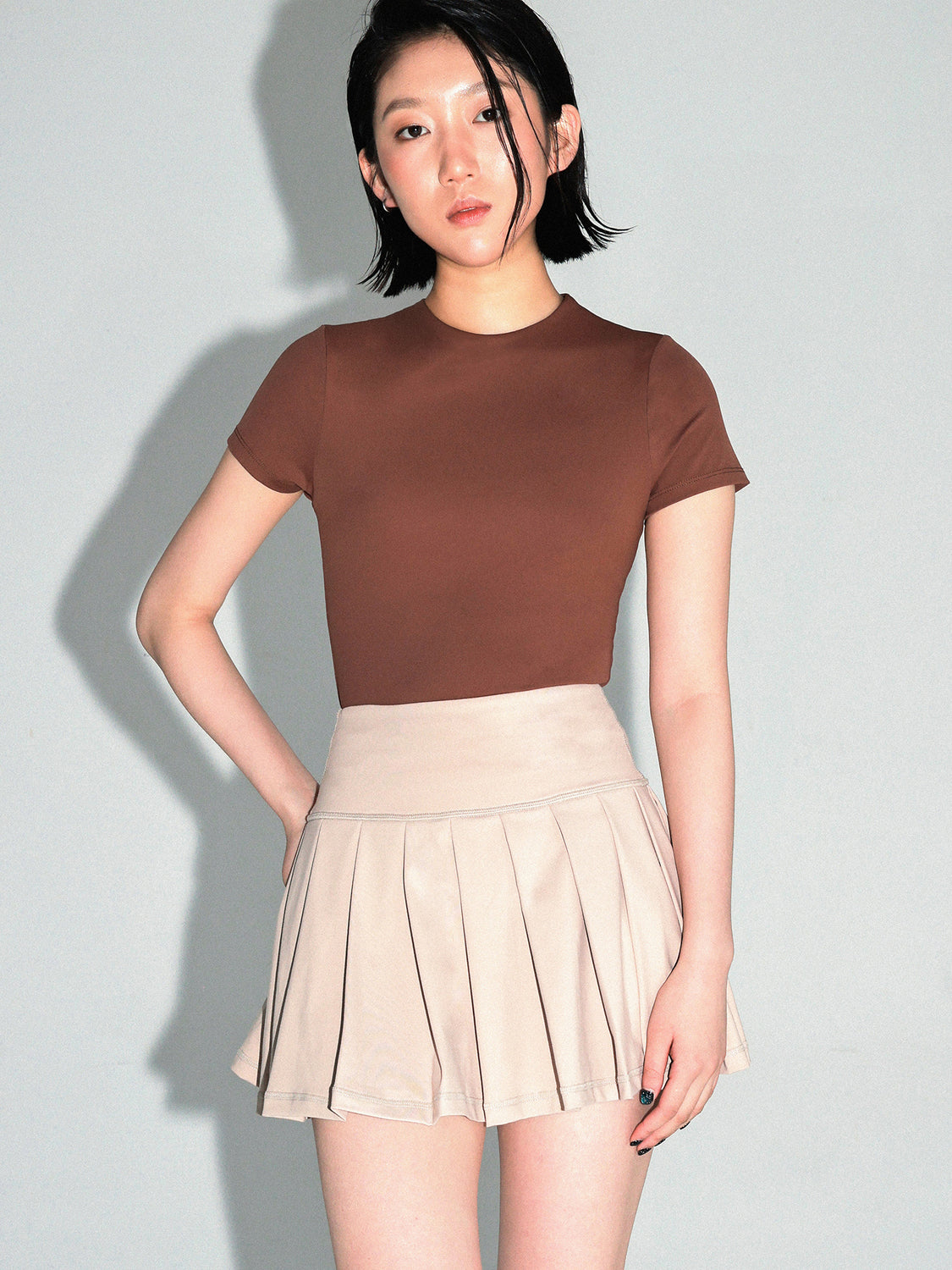 HIGH WAIST PLEATED SKIRT W/SHORTS,GRAY BROWN