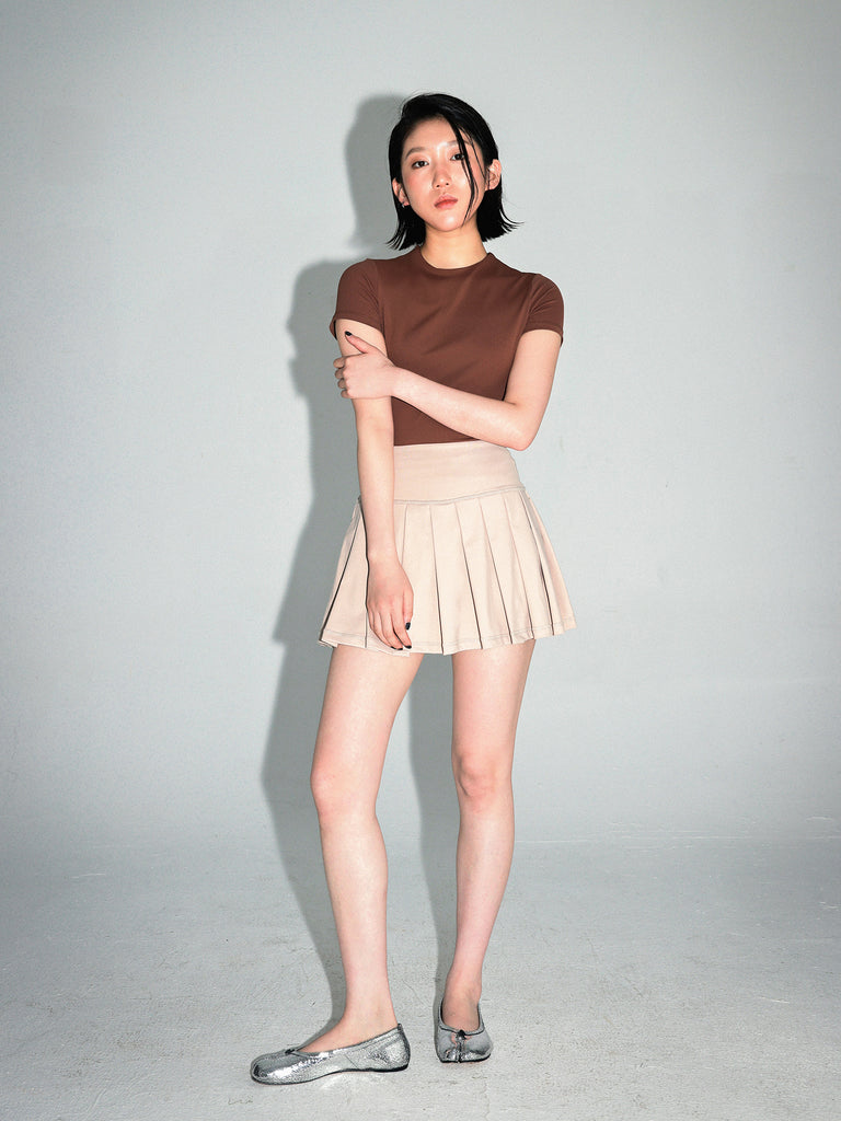 HIGH WAIST PLEATED SKIRT W/SHORTS,GRAY BROWN