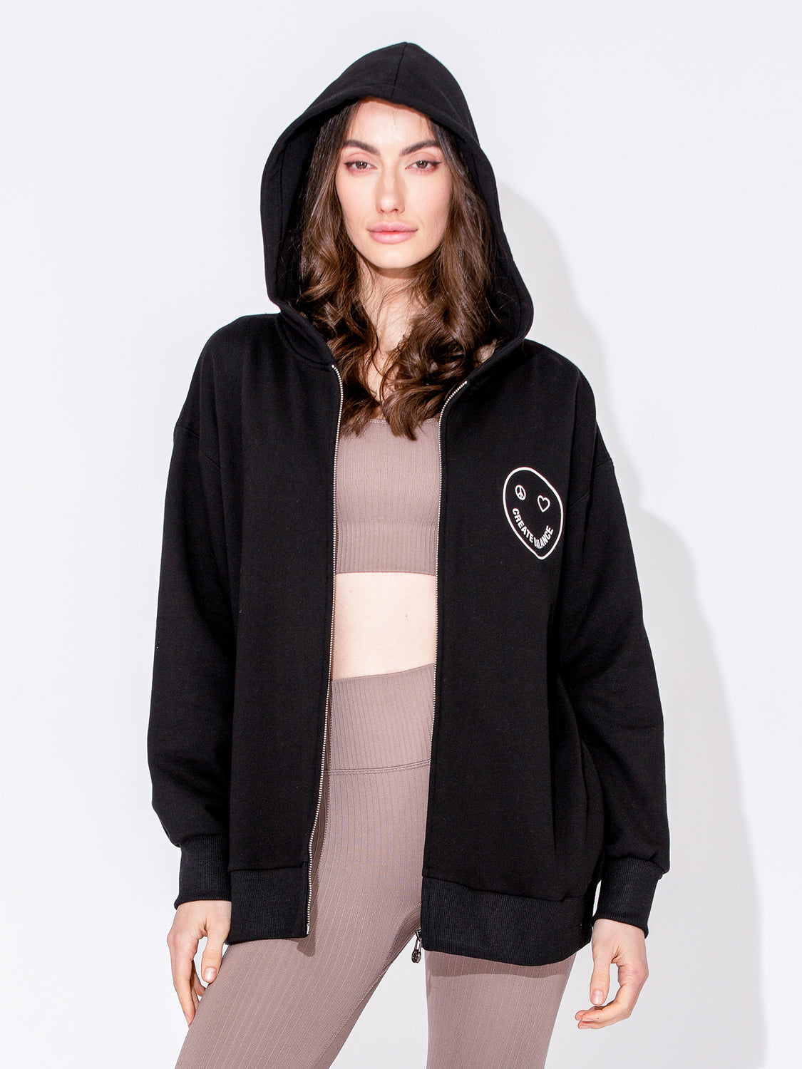 HAPPY GLOW ZIP HOODIE, BLACK