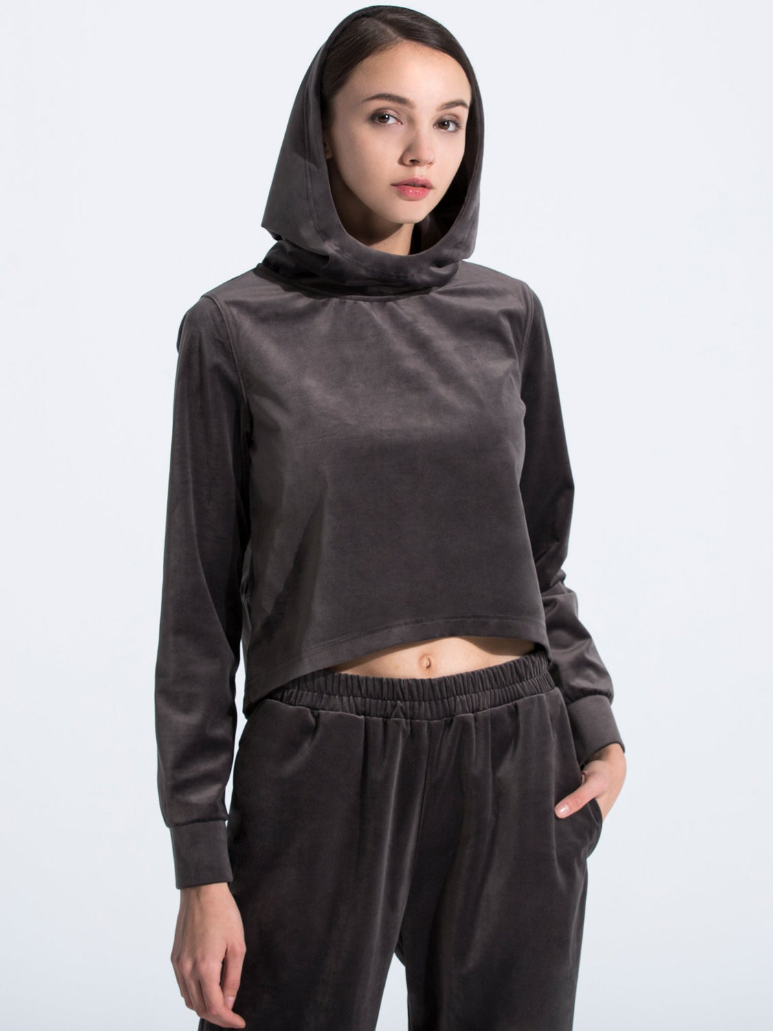 VELOUR HI LO HOODIE,GREY