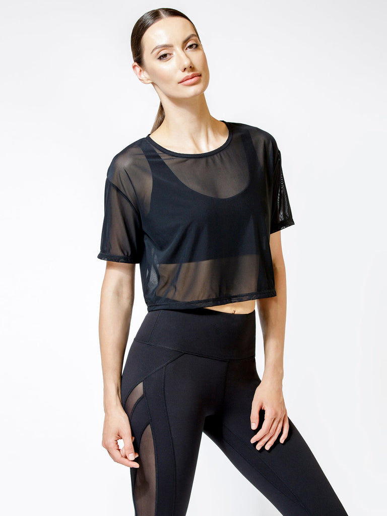 CROPPED MESH TEE, BLACK MESH