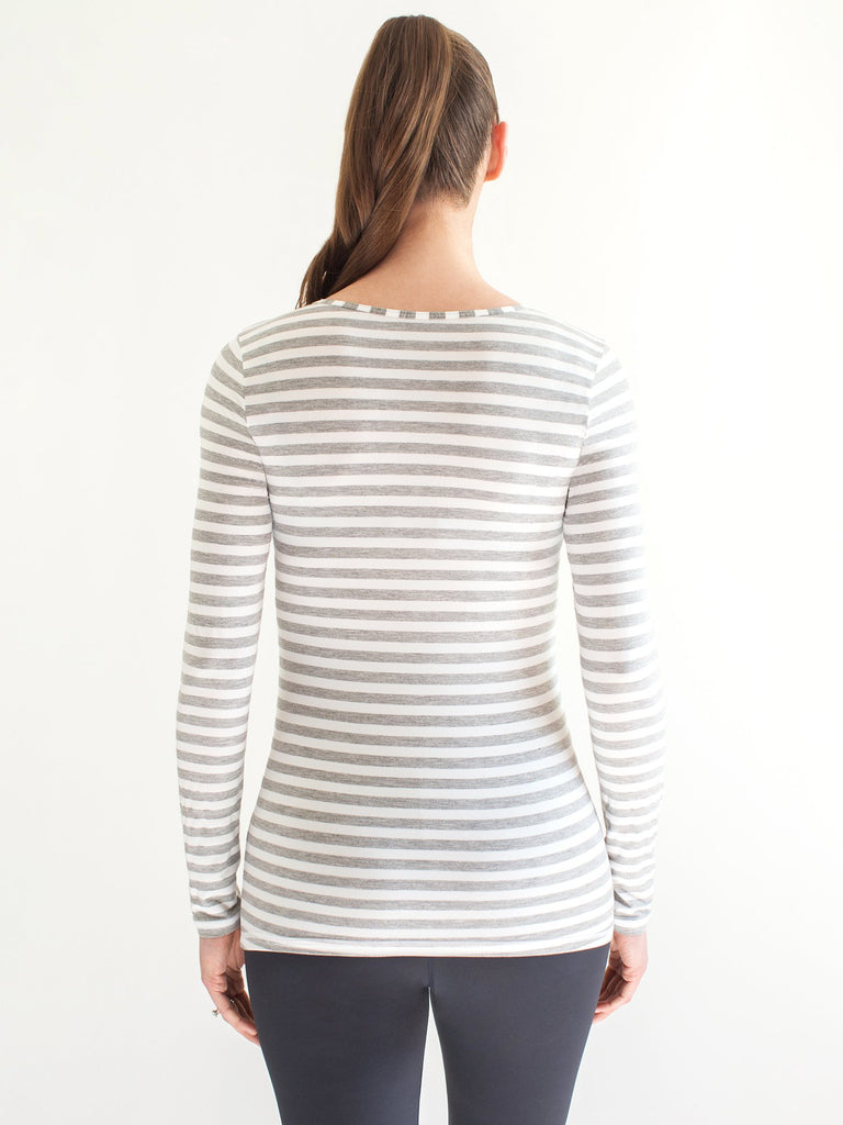 MATERNITY SOFT STRETCH LONG SLEEVE TEE, LIGHT HEATHER GREY STRIPE