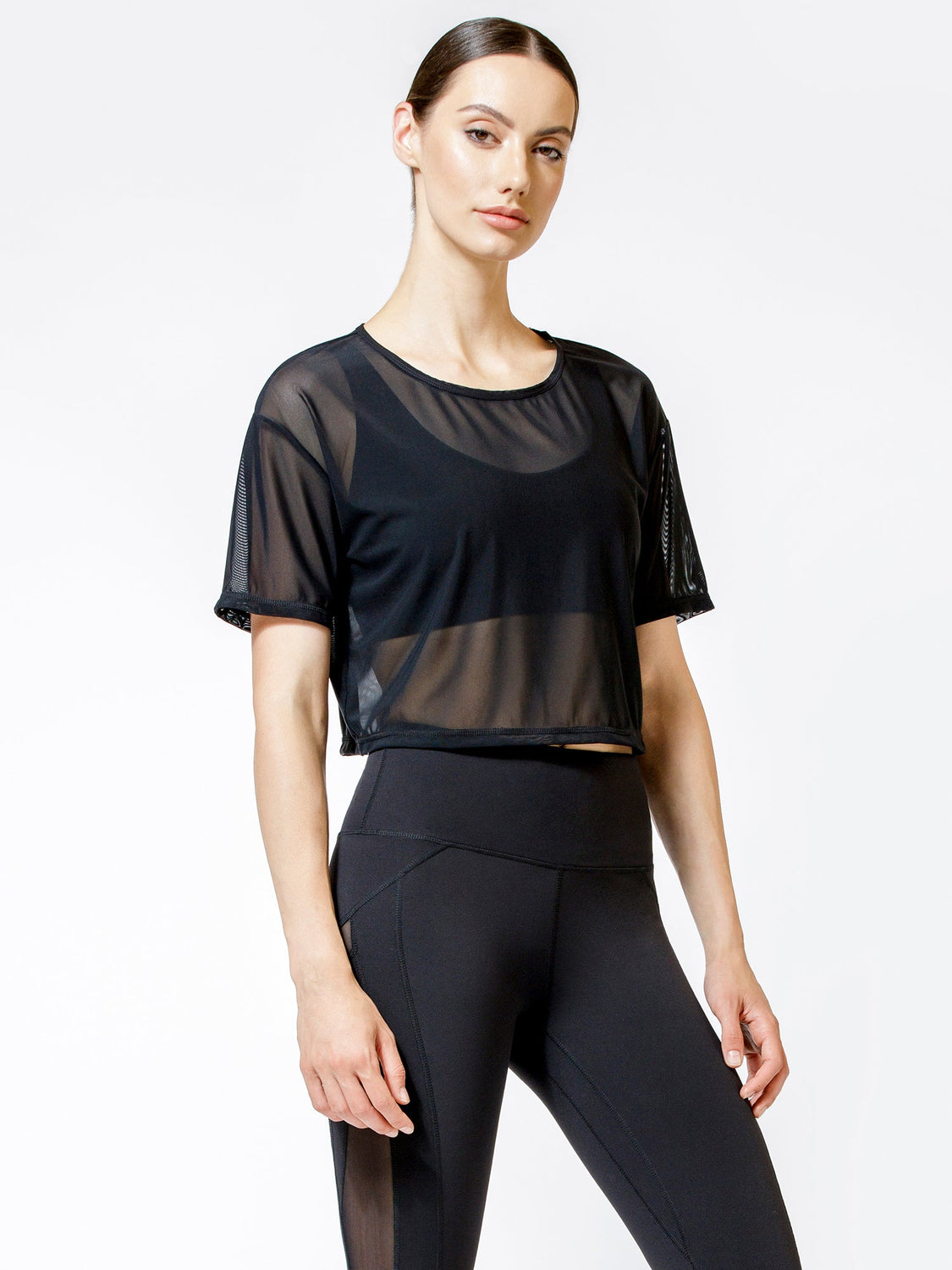 CROPPED MESH TEE, BLACK MESH