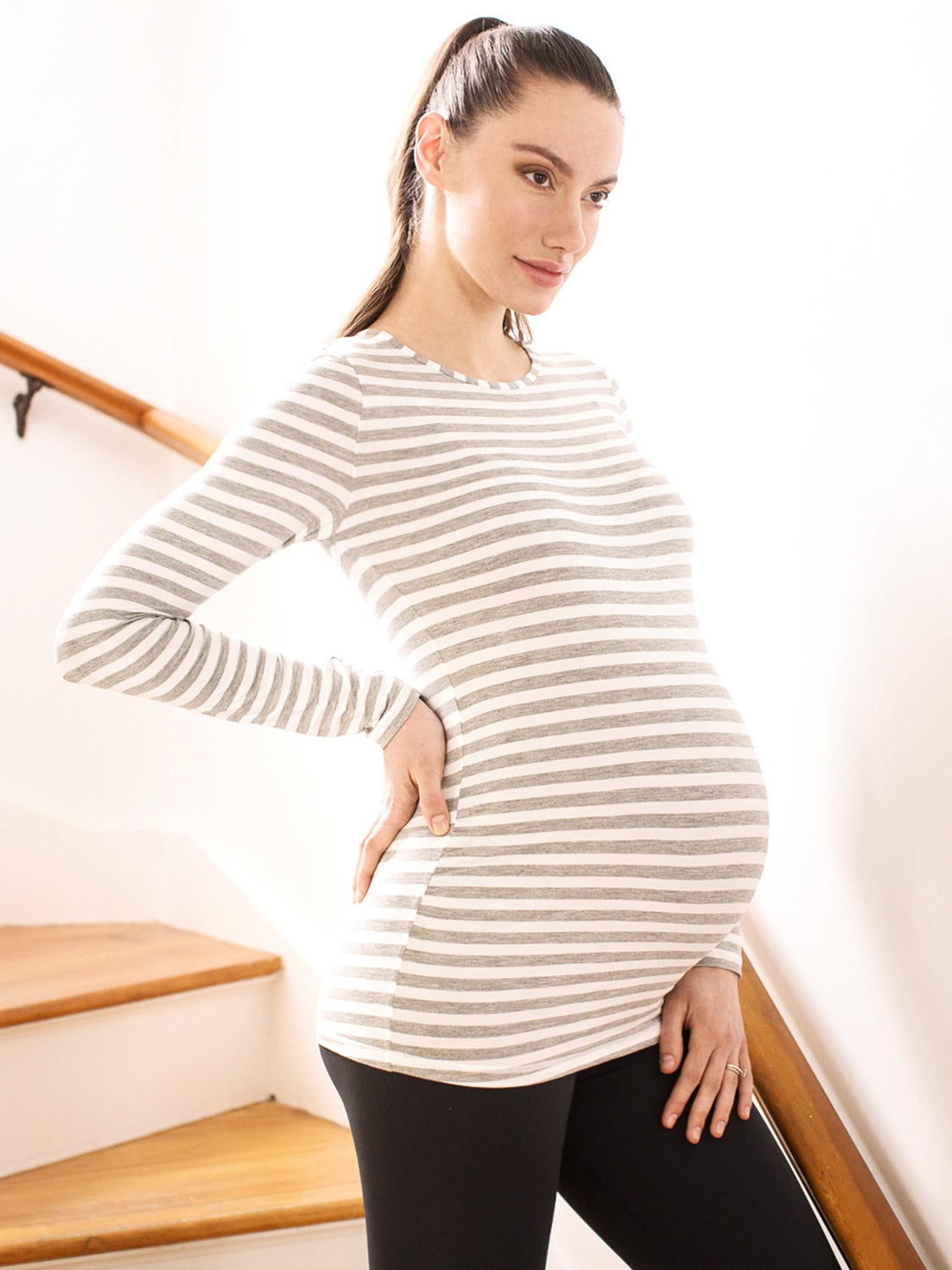 MATERNITY SOFT STRETCH LONG SLEEVE TEE, LIGHT HEATHER GREY STRIPE