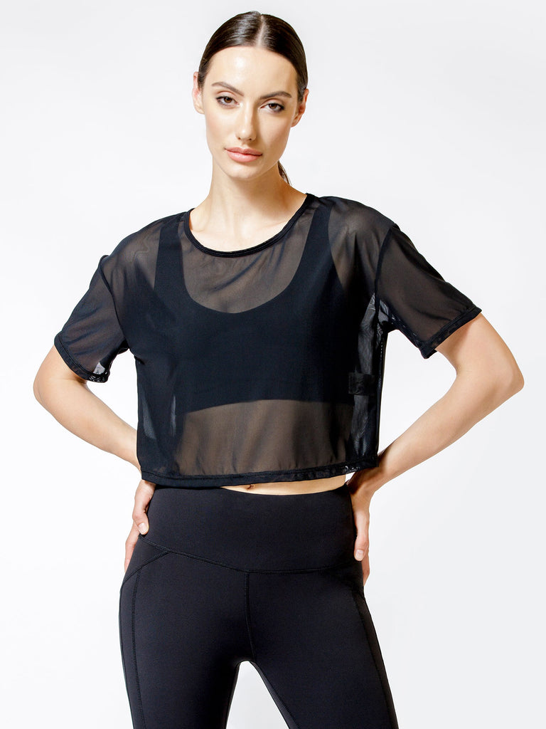CROPPED MESH TEE, BLACK MESH