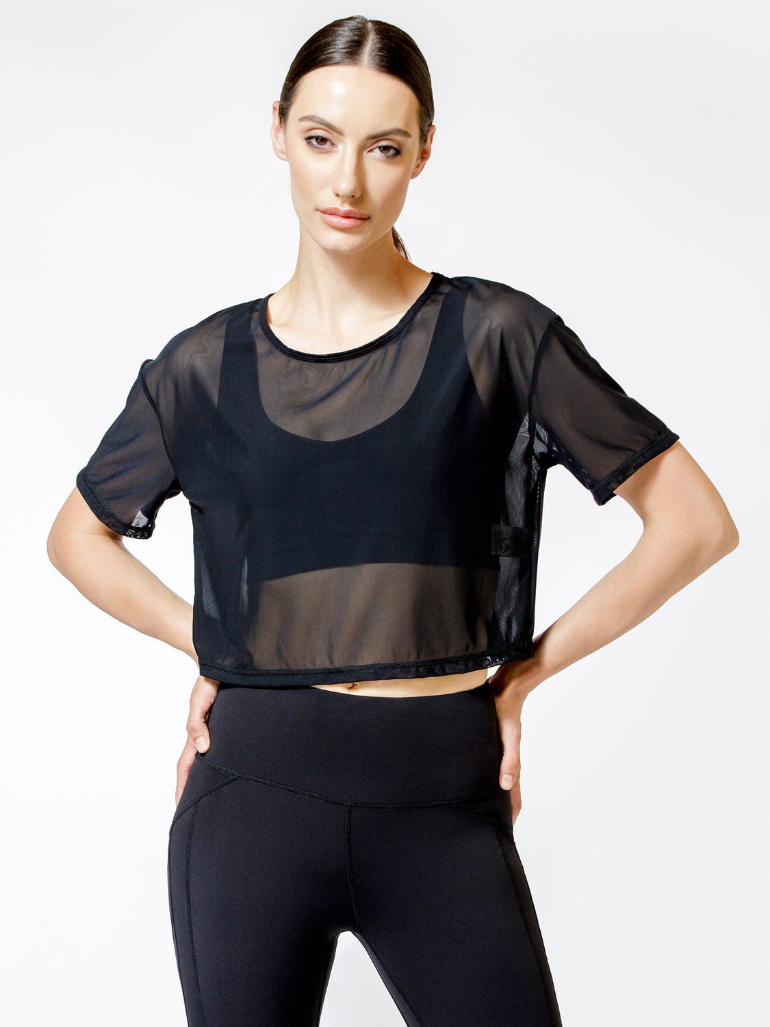 CROPPED MESH TEE, BLACK MESH