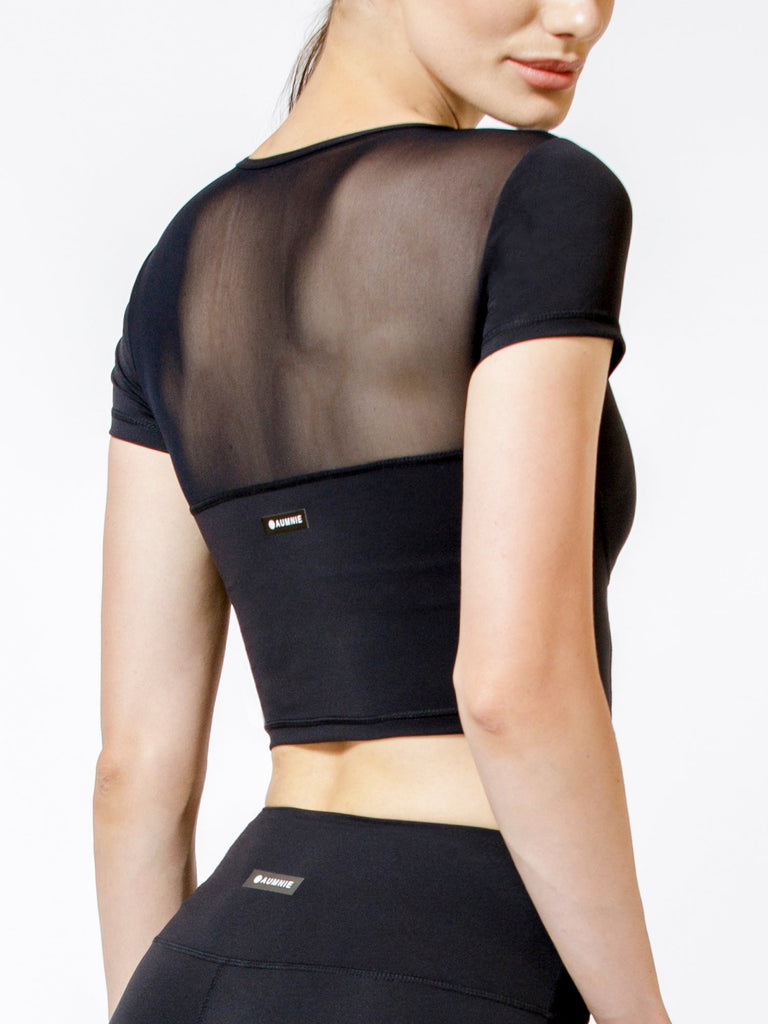 MESH BACK CROPPED TEE, BLACK/BLACK MESH