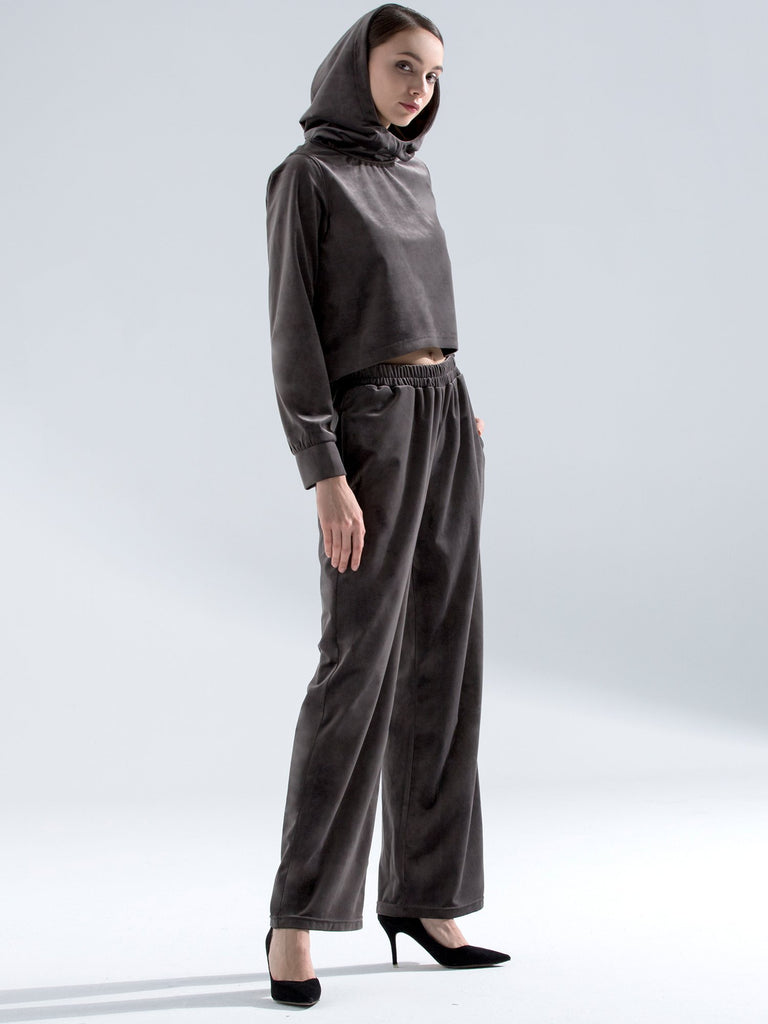 VELOUR WIDE LEG PANTS,GREY