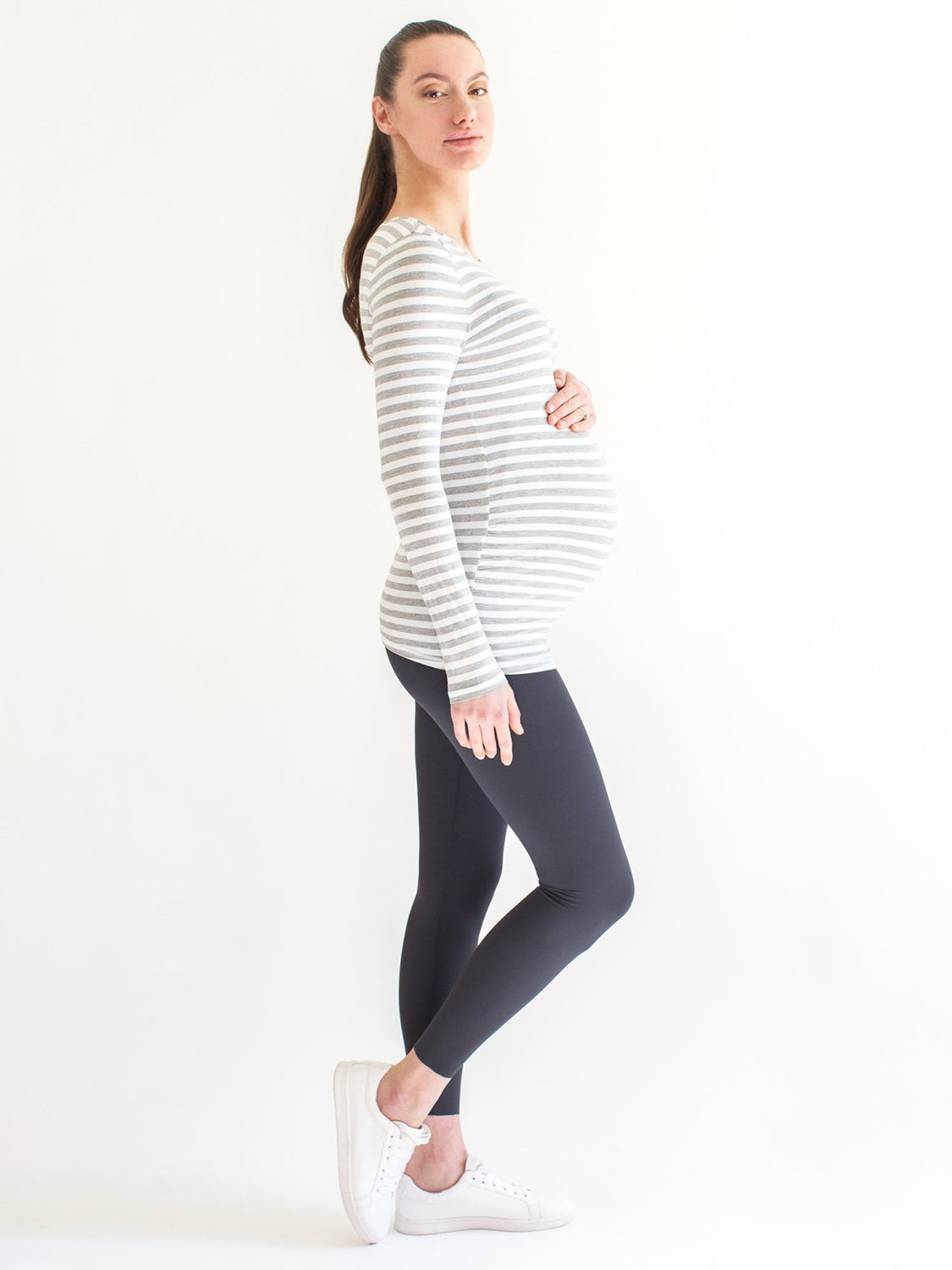 MATERNITY SOFT STRETCH LONG SLEEVE TEE, LIGHT HEATHER GREY STRIPE