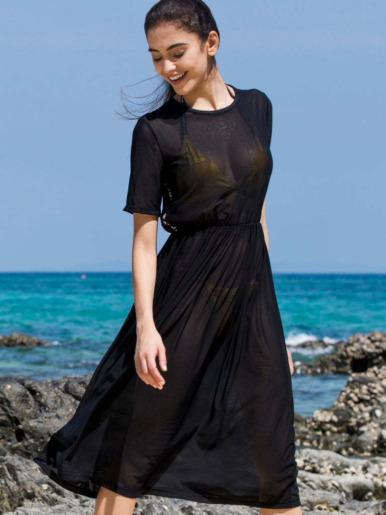 FITTED MESH TEE DRESS, BLACK