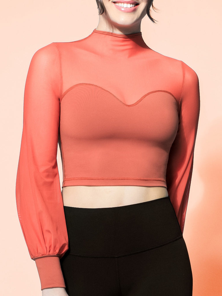 MESH ILLUSION PUFF SLEEVE CROP TOP, MAPLE/MAPLE MESH