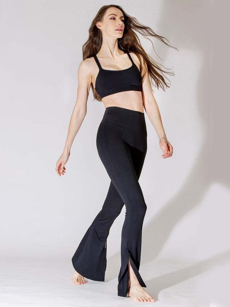 SIDE SLIT HIGH WAIST FLARE PANTS, BLACK