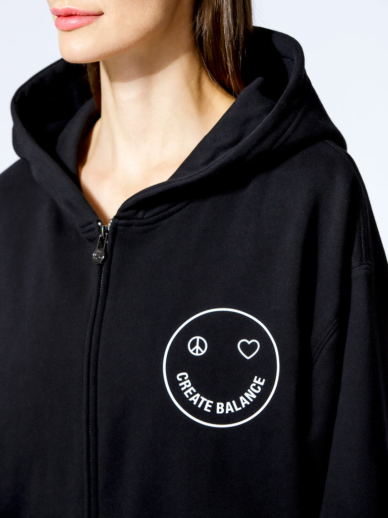 HAPPY GLOW ZIP HOODIE, BLACK
