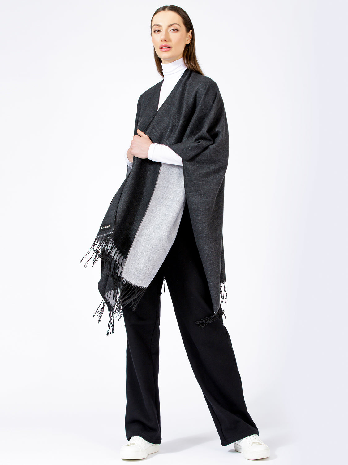FREESTYLE FRINGED WRAP CAPE, BLACK