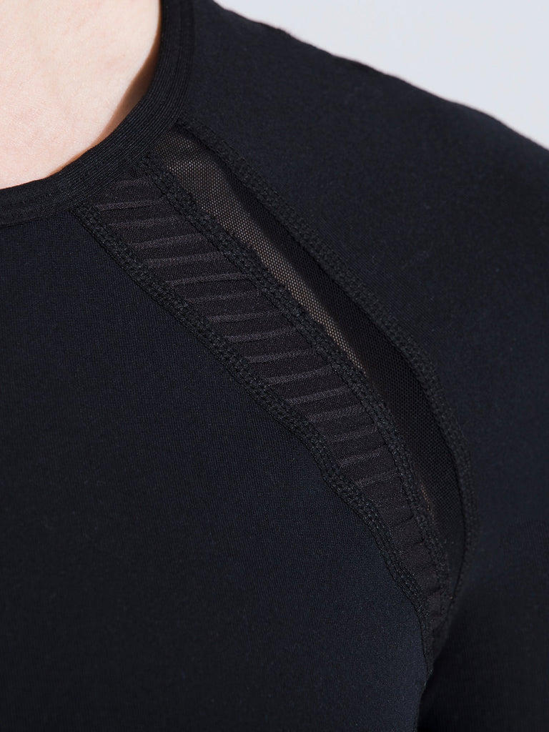 PLEATED MESH TEE, BLACK