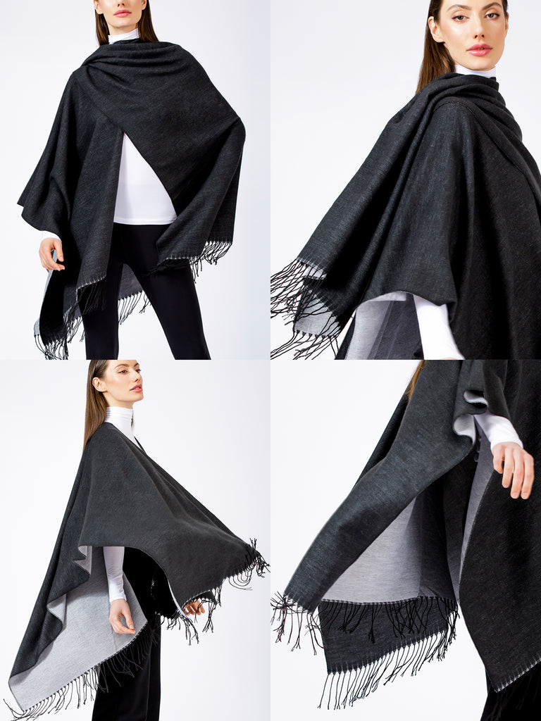 FREESTYLE FRINGED WRAP CAPE, BLACK
