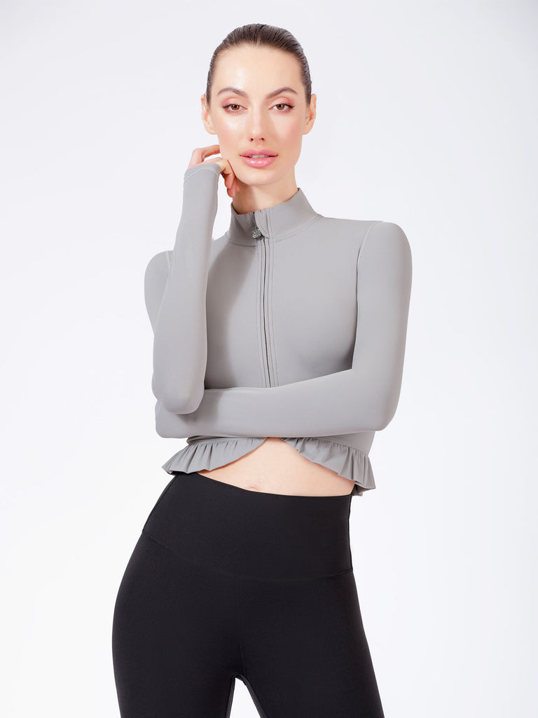 CROPPED RUFFLES JACKET, LUNAR GREY