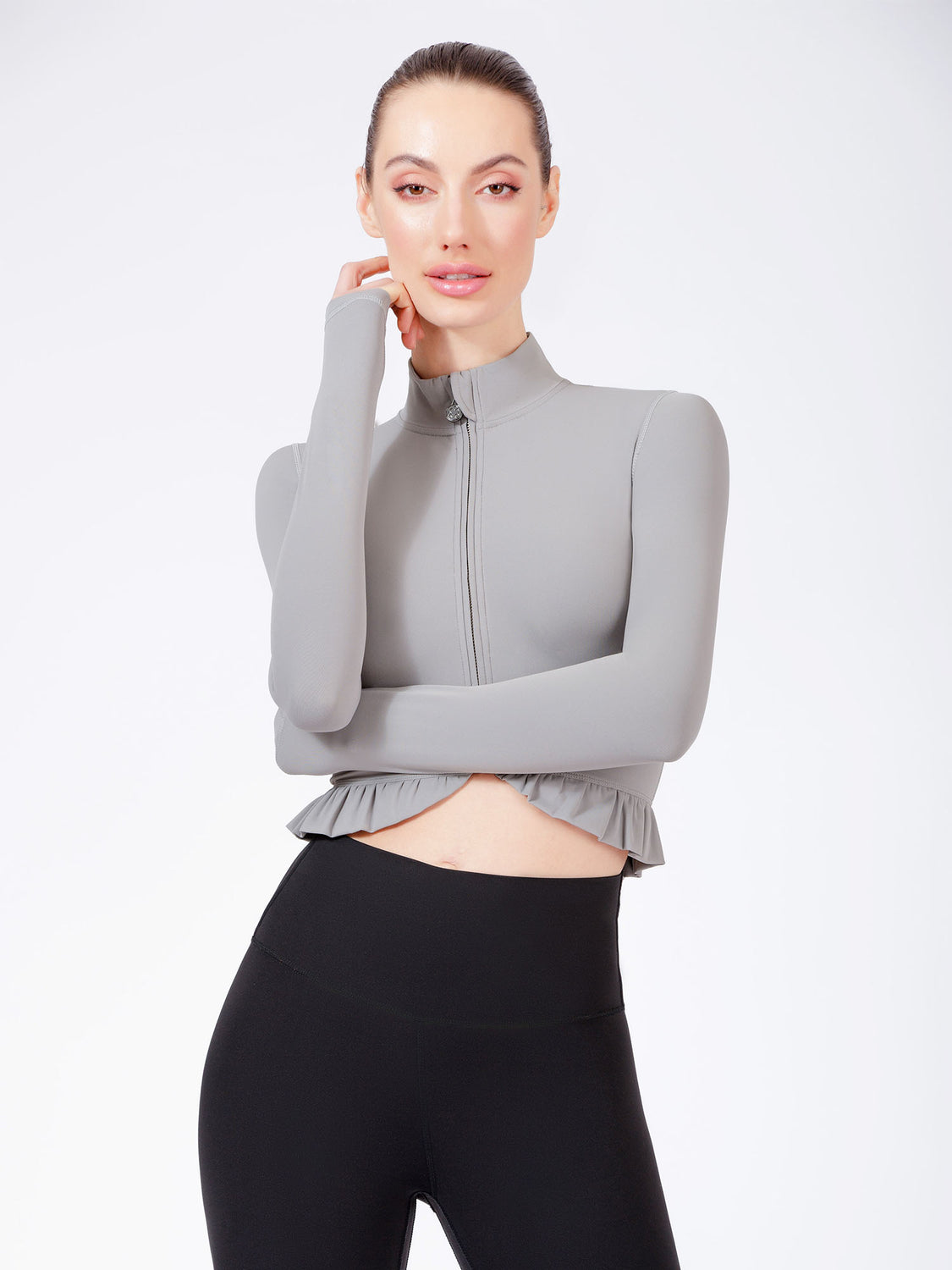CROPPED RUFFLES JACKET, LUNAR GREY