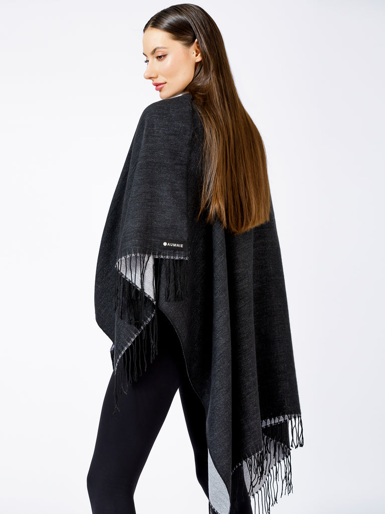 FREESTYLE FRINGED WRAP CAPE, BLACK