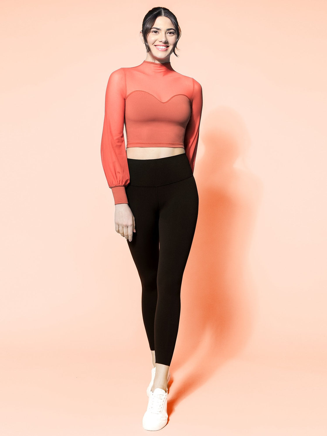 MESH ILLUSION PUFF SLEEVE CROP TOP, MAPLE/MAPLE MESH