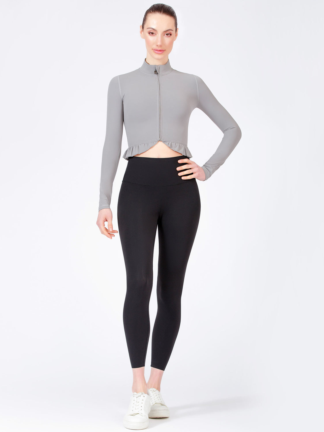 CROPPED RUFFLES JACKET, LUNAR GREY