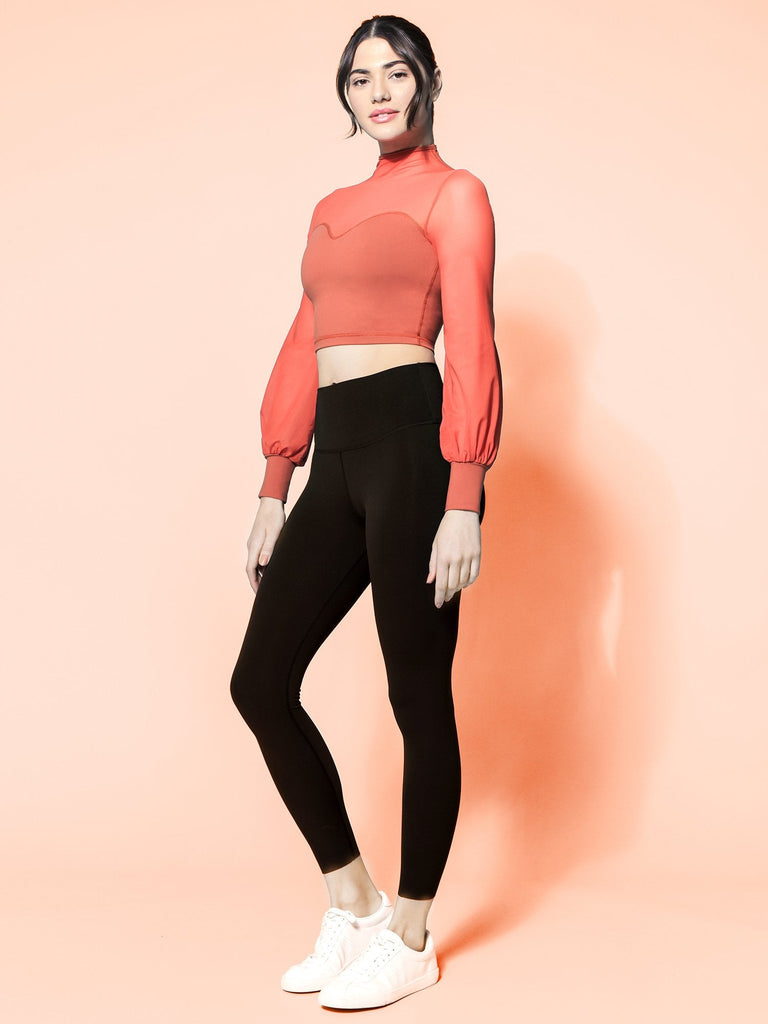 MESH ILLUSION PUFF SLEEVE CROP TOP, MAPLE/MAPLE MESH