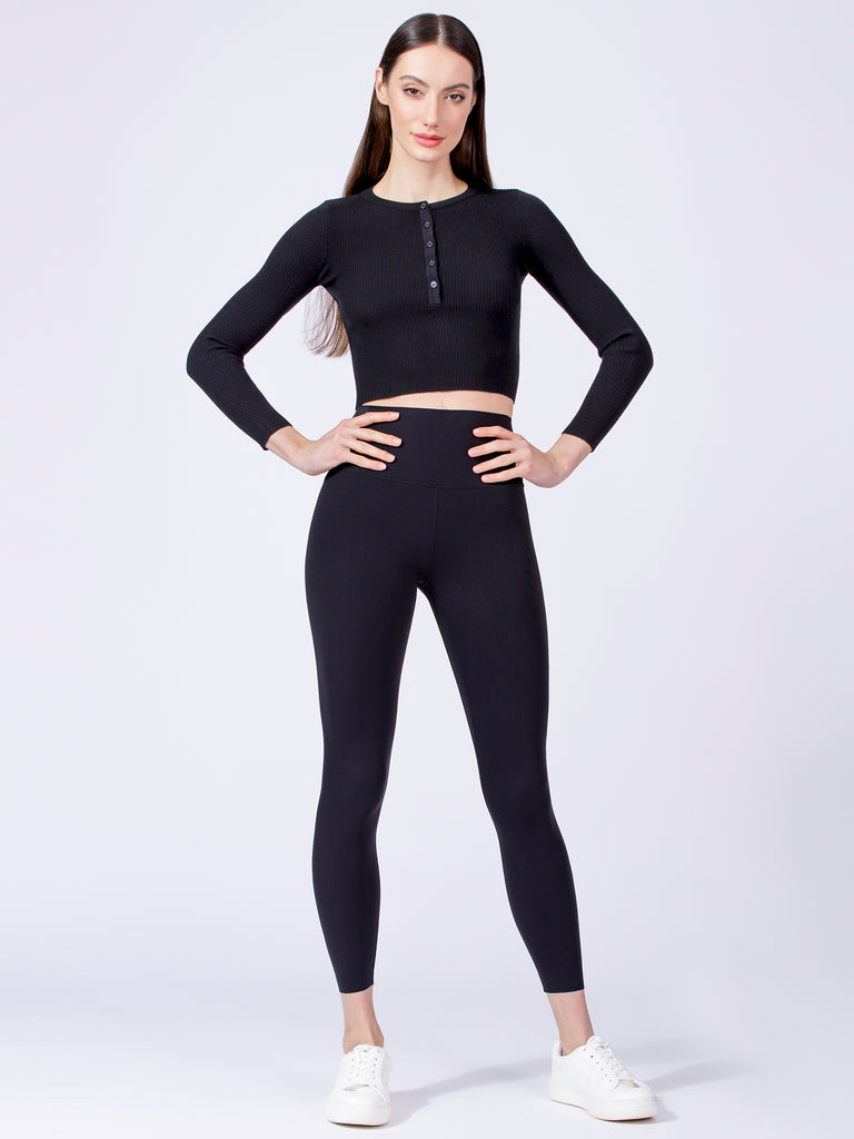CROPPED HENLEY TEE, BLACK